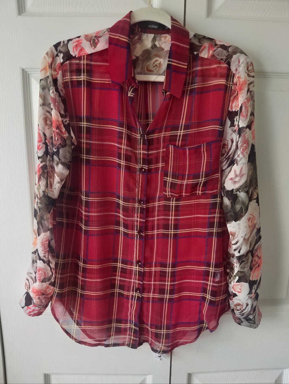 Millau Red Plaid & Floral Button-Up Sheer Blouse